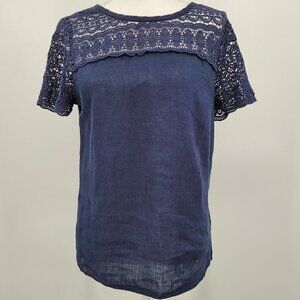 J. Crew Navy Linen Crochet Lace Shoulder Top